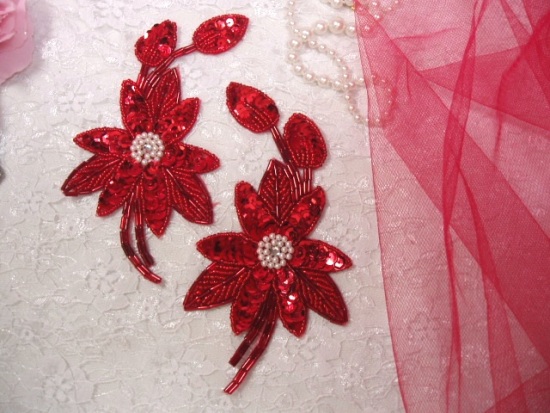 K8109  Red Mirror Pair Sequin Beaded Appliques 5.5"