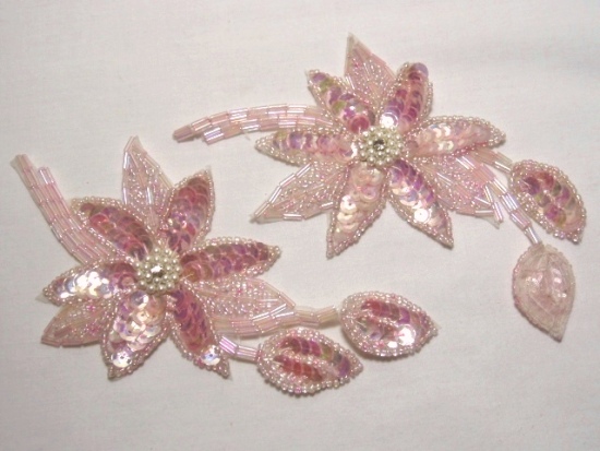 K8109  Pink Crystal and Pearl  Mirror Pair Sequin Beaded Appliques 5.5"