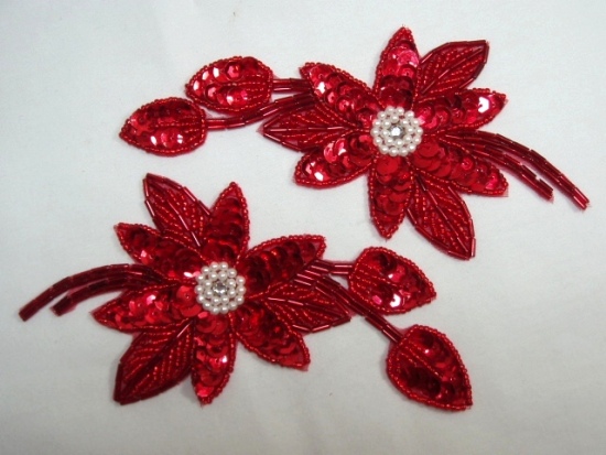 K8109  Red Mirror Pair Sequin Beaded Appliques 5.5"