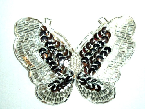 K8110  Silver Butterfly Sequin Beaded Hair Bow / Brooch / Applique 4"