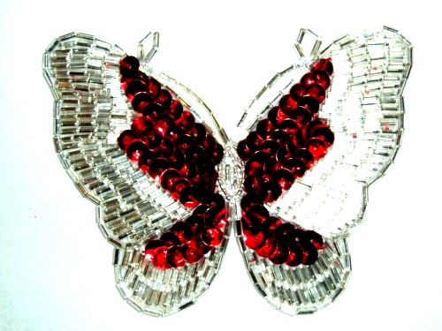 K8110  Red / Silver Butterfly Sequin Beaded Hair Bow / Brooch / Applique 4"