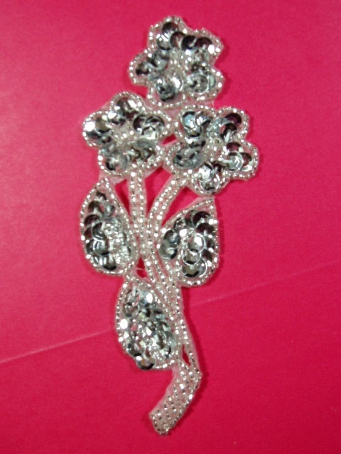 K8112  Silver Flower Cluster 5" Sequin Beaded Applique