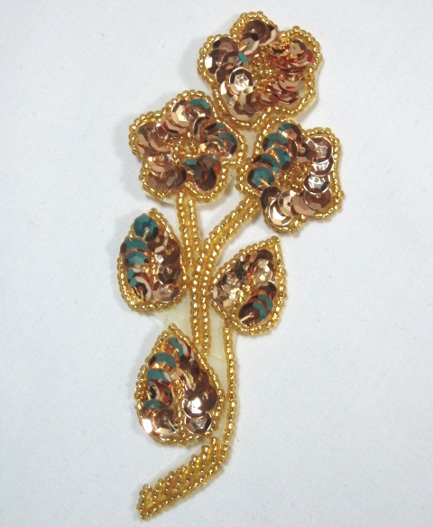 K8112  Gold Flower Cluster 5" Sequin Beaded Applique