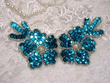 Turquoise Floral  5" Sequin Beaded Applique K8116