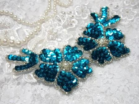 Turquoise Floral  5" Sequin Beaded Applique K8116