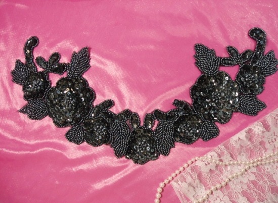 K8616  Gunmetal Floral Pearl Collar  Sequin Beaded Applique 10.5"