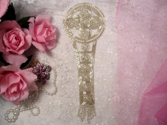 K8118  Silver  Designer Dangle Beaded Applique 8.5"