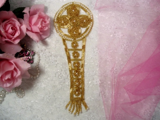 K8118  Gold Designer Dangle Beaded Applique 8.5"