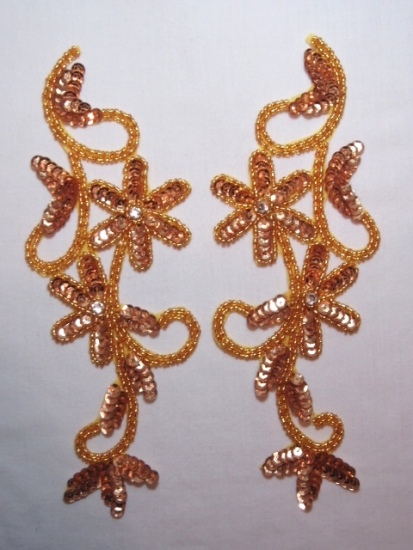 Gold Floral Vine 8" Mirror Pair Sequin Beaded Applique  K8119