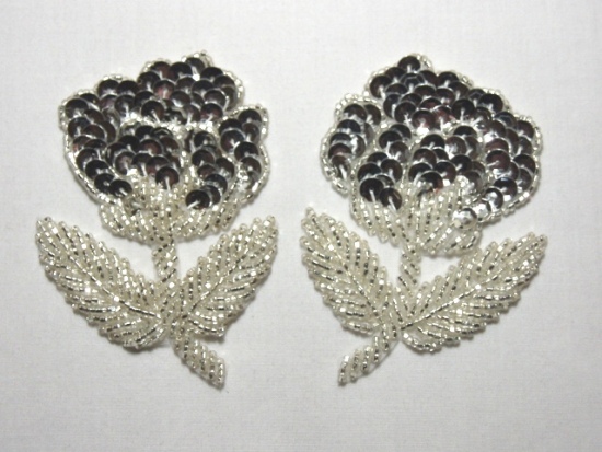 K8126  Silver  Mirror Pair Sequin Beaded Appliques 3.25"