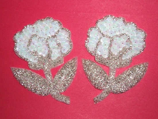 K8126  White AB  Flower Mirror Pair Sequin Beaded Appliques 3.25"
