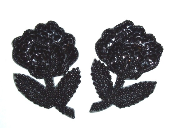 K8126  Black Flower Mirror Pair Sequin Beaded Appliques 3.25"