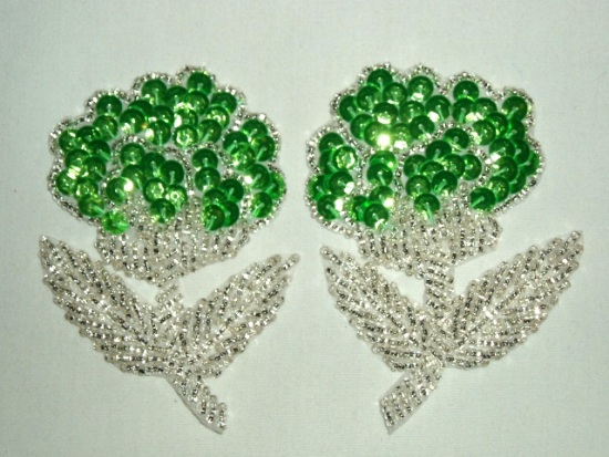 K8126  Neon Lime Green Flower Mirror Pair Sequin Beaded Appliques 3.25"