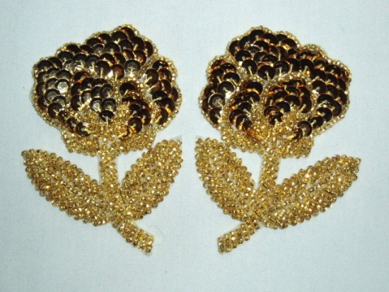 K8126  Gold Flower Mirror Pair Sequin Beaded Appliques 3.25"