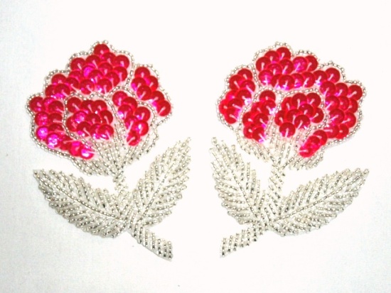 K8126  Neon Pink  Flower Mirror Pair Sequin Beaded Appliques 3.25"