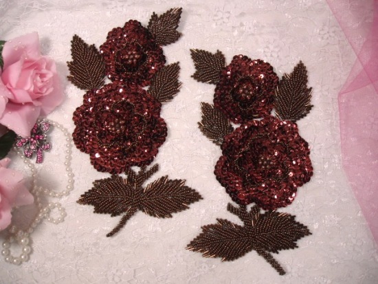 K8127  Bronze Rose Mirror Pair Sequin Beaded Appliques 8.25"