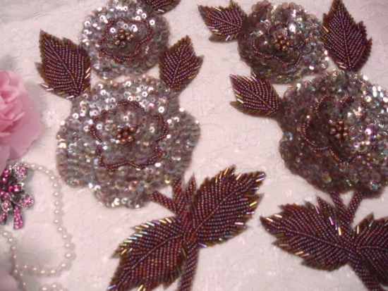 K8127  Bronze AB Rose Mirror Pair Sequin Beaded Appliques 8.25"