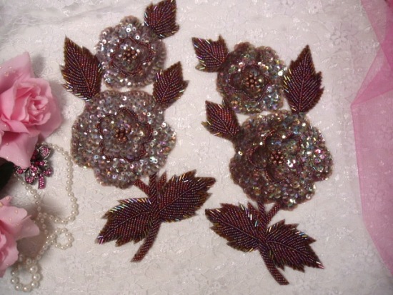 K8127  Bronze AB Rose Mirror Pair Sequin Beaded Appliques 8.25"
