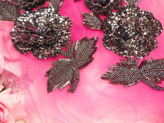 K8127  Gunmetal Rose Mirror Pair Sequin Beaded Appliques 8.25"