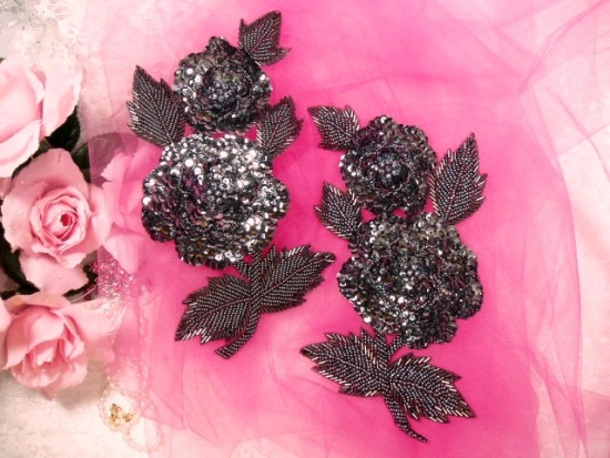 K8127  Gunmetal Rose Mirror Pair Sequin Beaded Appliques 8.25"