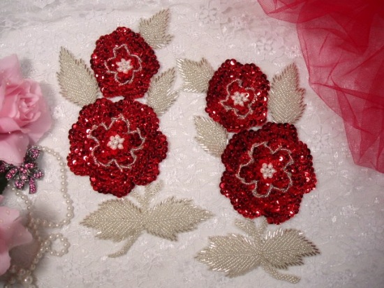 K8127  Red Rose Mirror Pair Sequin Beaded Appliques 8.25"