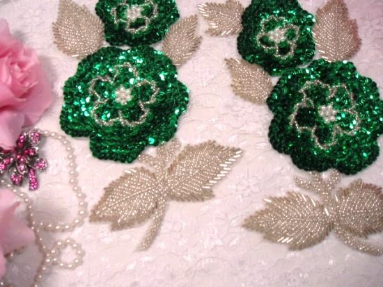 K8127  Green Rose Mirror Pair Sequin Beaded Appliques 8.25"