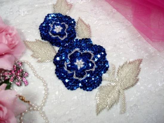 K8127  Blue Rose Mirror Pair Sequin Beaded Appliques 8.25"