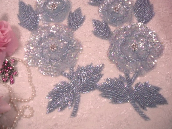 K8127  Blue Crystal AB Rose Mirror Pair Sequin Beaded Appliques 8.25"