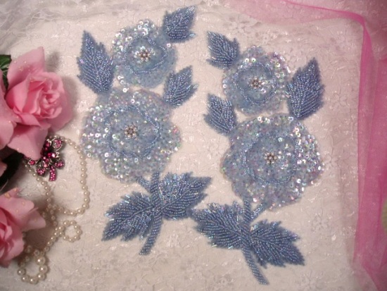 K8127  Blue Crystal AB Rose Mirror Pair Sequin Beaded Appliques 8.25"