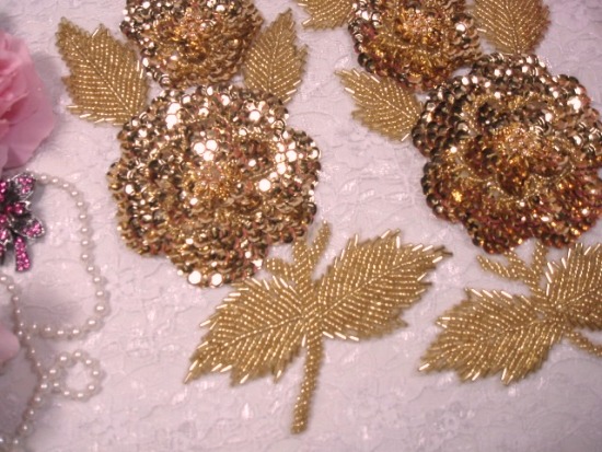 K8127  Gold Rose Mirror Pair Sequin Beaded Appliques 8.25"