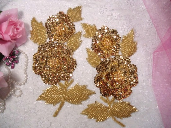 K8127  Gold Rose Mirror Pair Sequin Beaded Appliques 8.25"