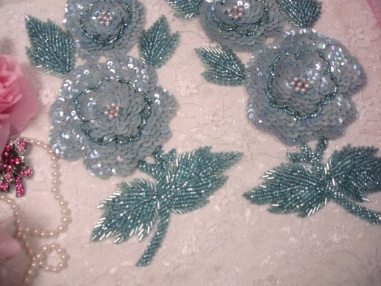 K8127 Blue Opaque AB  Rose Mirror Pair Sequin Beaded Appliques 8.25"