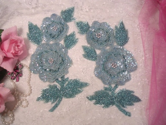 K8127 Blue Opaque AB  Rose Mirror Pair Sequin Beaded Appliques 8.25"