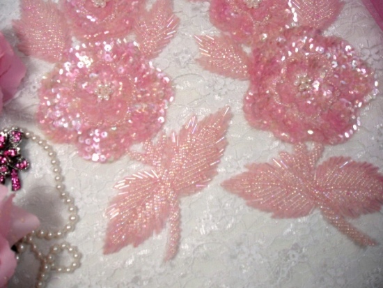 K8127  Pink Crystal AB Rose Mirror Pair Sequin Beaded Appliques 8.25"