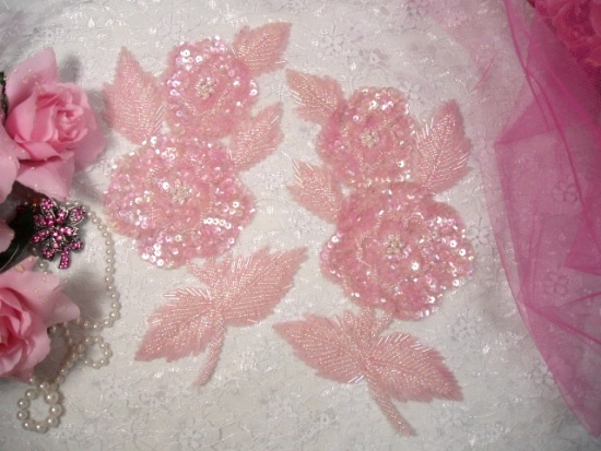 K8127  Pink Crystal AB Rose Mirror Pair Sequin Beaded Appliques 8.25"