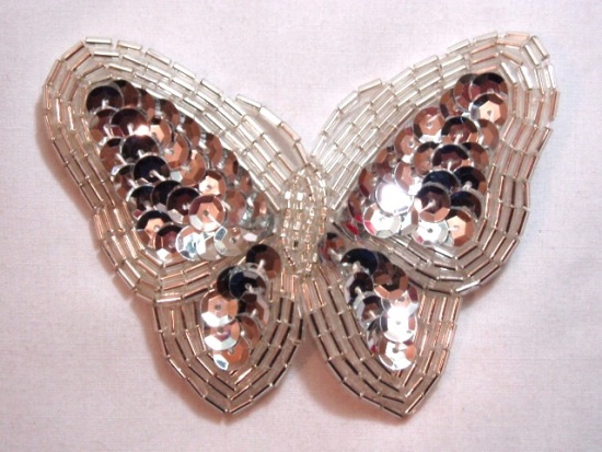K8129  Silver Butterfly Sequin Beaded Applique 3.5"