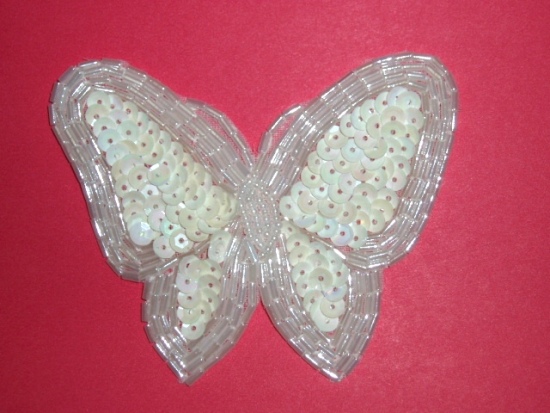 K8129  White AB Butterfly Sequin Beaded Applique 3.5"