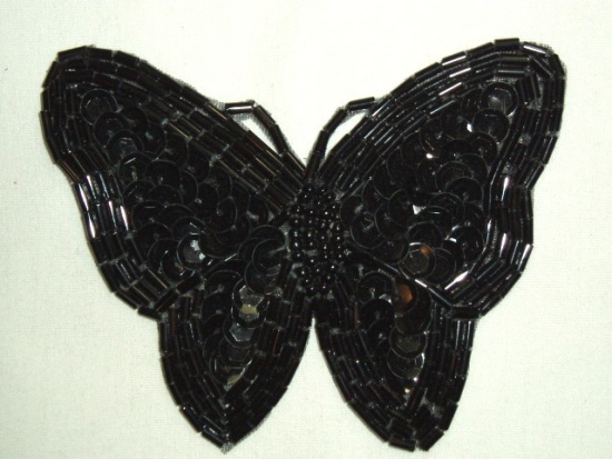 K8129  Black Butterfly Sequin Beaded Applique 3.5"