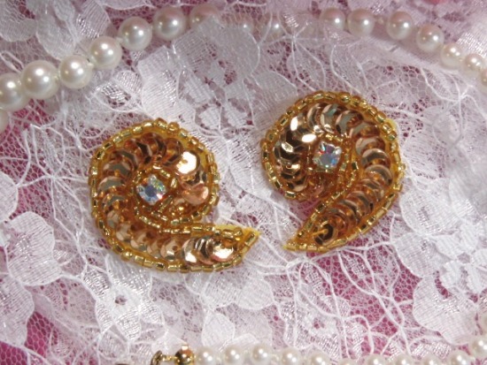 T8136  Set of (2) Gold Rhinestone Curl Sequin Beaded Appliques 1.25"
