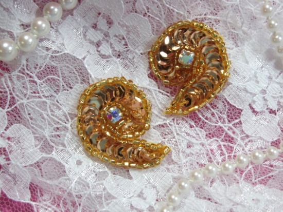 T8136  Set of (2) Gold Rhinestone Curl Sequin Beaded Appliques 1.25"