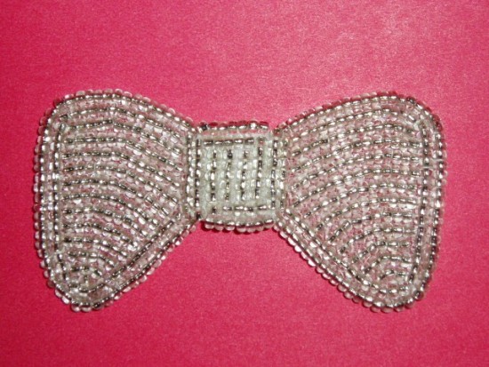 K8137A  Silver Small Bow Beaded Applique 2.5"