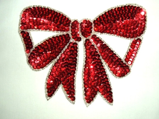 K8140 Red Large Bow Sequin Beaded Applique 6.75"