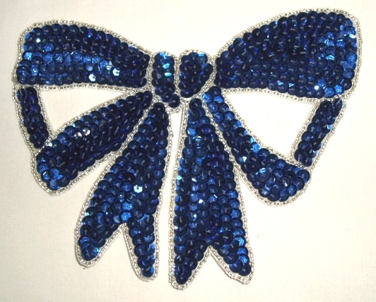 K8140  Blue Large Bow Sequin Beaded Applique 6.75"