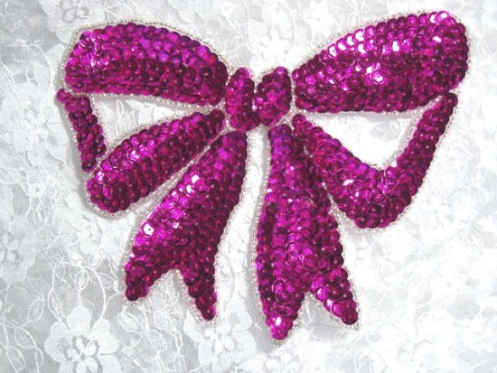 K8140  Fuchsia Large Bow Sequin Beaded Applique 6.75"