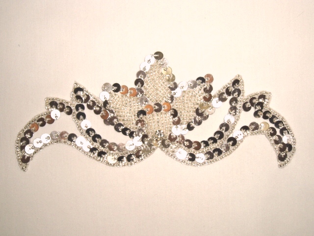 K8143  Silver Rhinestone  Beaded Sequin Applique 7.25"