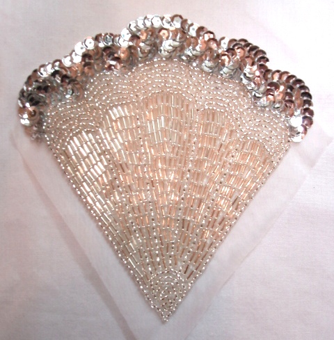 K8246  Silver Victorian Fan Sequin Beaded Applique 4.75"