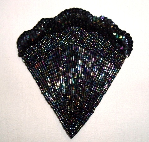K8246   Black AB Victorian Fan Sequin Beaded Applique 4.75"