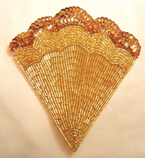 K8246  Gold Victorian Fan Sequin Beaded Applique 4.75"