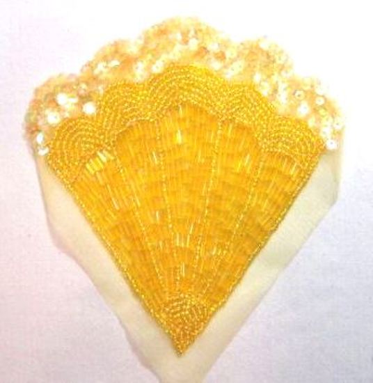 K8246   Yellow Crystal Victorian Fan Sequin Beaded Applique 4.75"