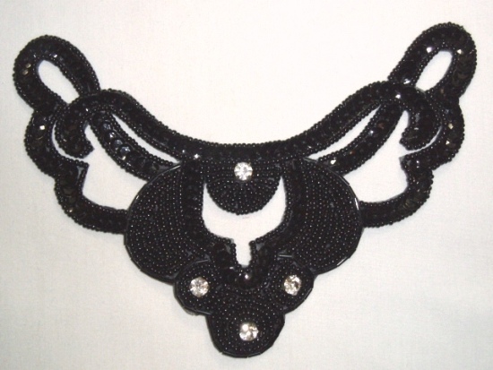 K8250  Black Rhinestone Collar Beaded Sequin Applique 6.5"